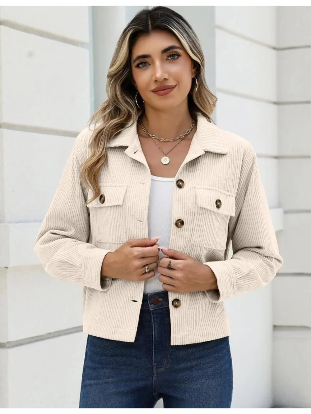 Women's Beige Fashion Cropped Corduroy Button Down Long Sleeve Trendy Jacket